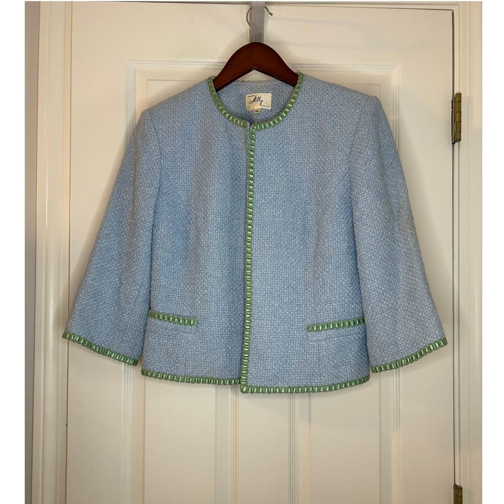 Milly Boucle Tweed Cropped Jacket Women’s 12 Blue Green Trim 3/4 Sleeve